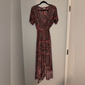 Chic Silky Paisley Maxi Wrap Dress in pink and blue